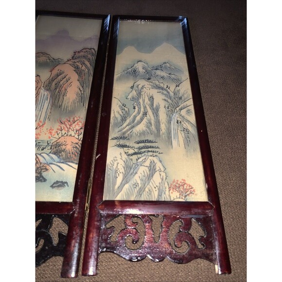 Hand Painted Dual Scene Mini Chinese  Four Panel Silk Screen 12H x 4W” X 4Panels - Picture 2 of 14